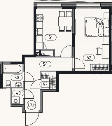 Планировка: 1-к, 44,6 м²