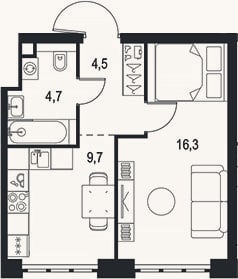 Планировка: 1-к, 35,2 м²