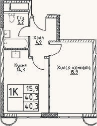 Планировка: 1-к, 40,3 м²