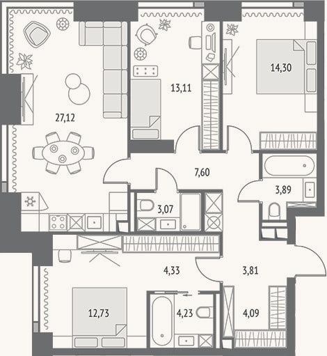 Планировка: 4+ к, 98,3 м²