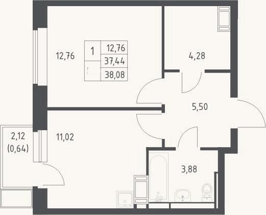 Планировка: 1-к, 37,4 м²