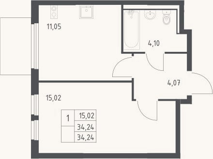 Планировка: 1-к, 34,2 м²