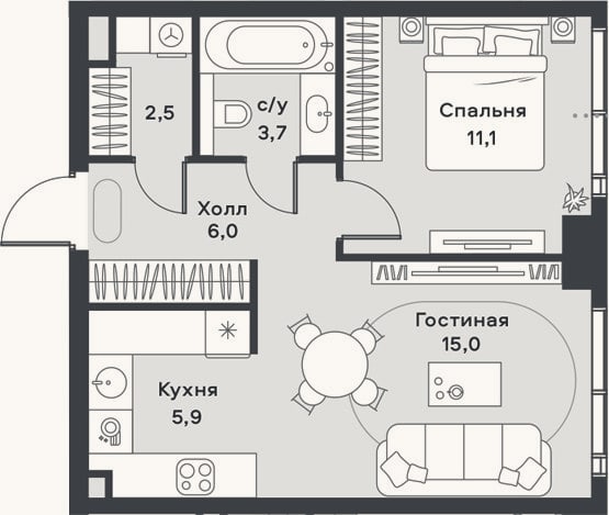 Планировка: 2-к, 44,2 м²
