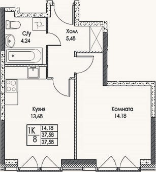 Планировка: 1-к, 37,6 м²