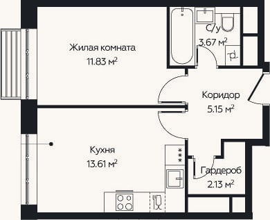 Планировка: 1-к, 36,4 м²