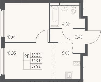 Планировка: 2-к, 32,9 м²
