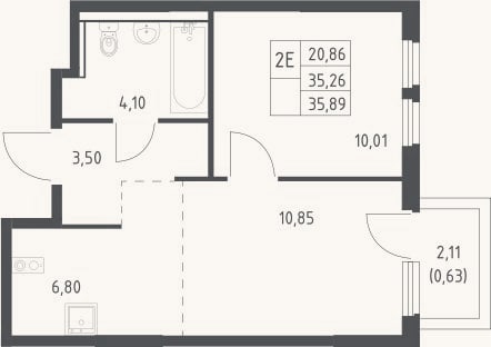 Планировка: 2-к, 35,3 м²