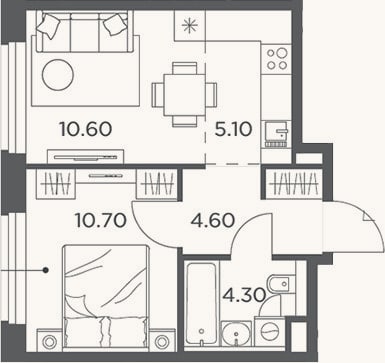Планировка: 2-к, 35,3 м²