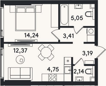 Планировка: 2-к, 45,2 м²