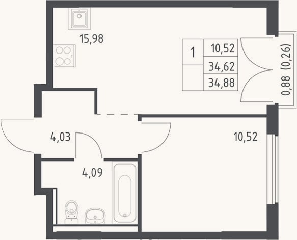 Планировка: 2-к, 34,6 м²