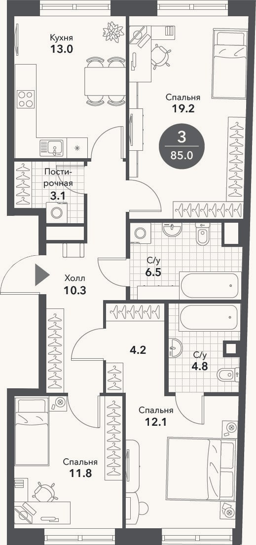 Планировка: 3-к, 85 м²