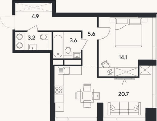 Планировка: 2-к, 52,1 м²