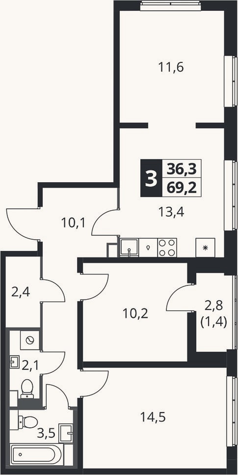 Планировка: 3-к, 68,9 м²