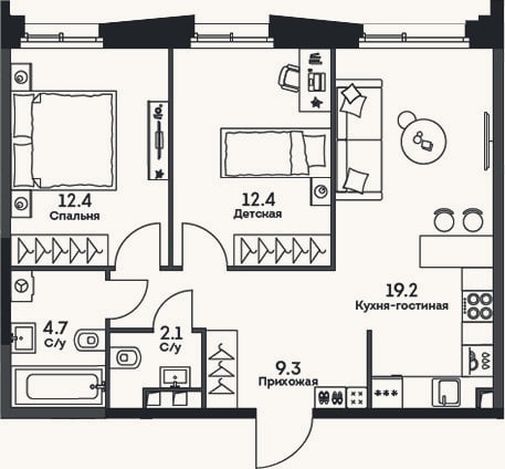 Планировка: 3-к, 60,1 м²