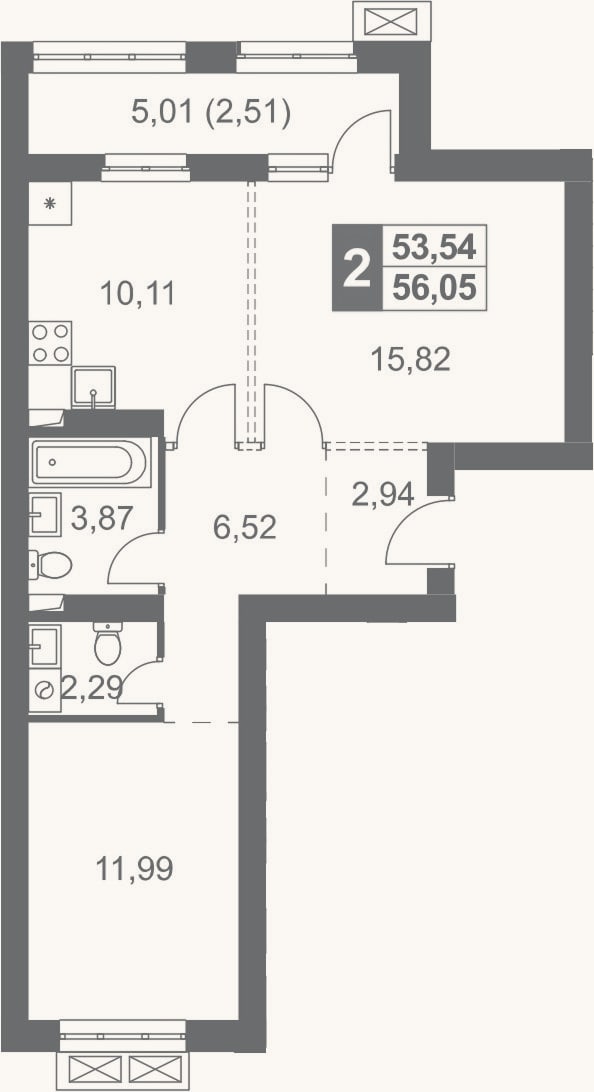 Планировка: 2-к, 53,5 м²