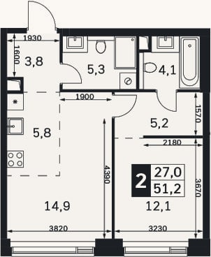 Планировка: 2-к, 51,2 м²