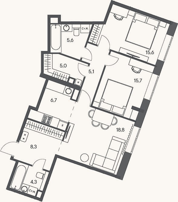 Планировка: 3-к, 85,1 м²