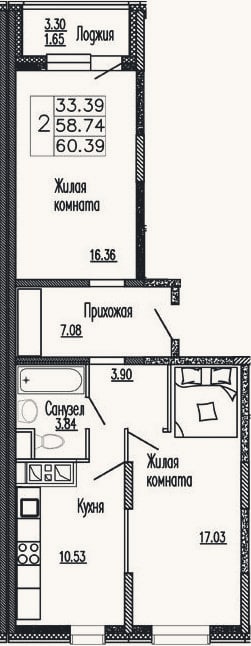 Планировка: 2-к, 60,5 м²