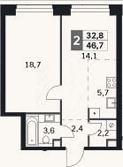 Планировка: 2-к, 46,7 м²