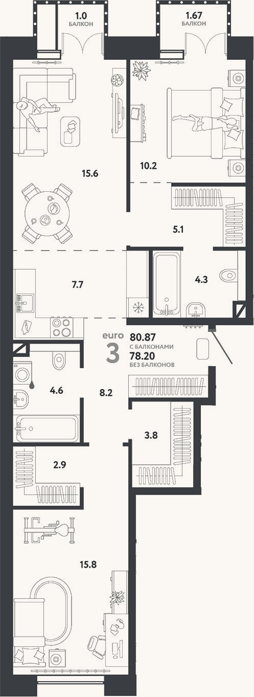 Планировка: 3-к, 78,2 м²