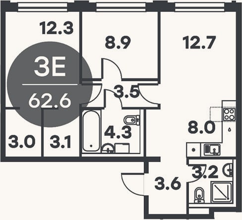 Планировка: 3-к, 62,6 м²