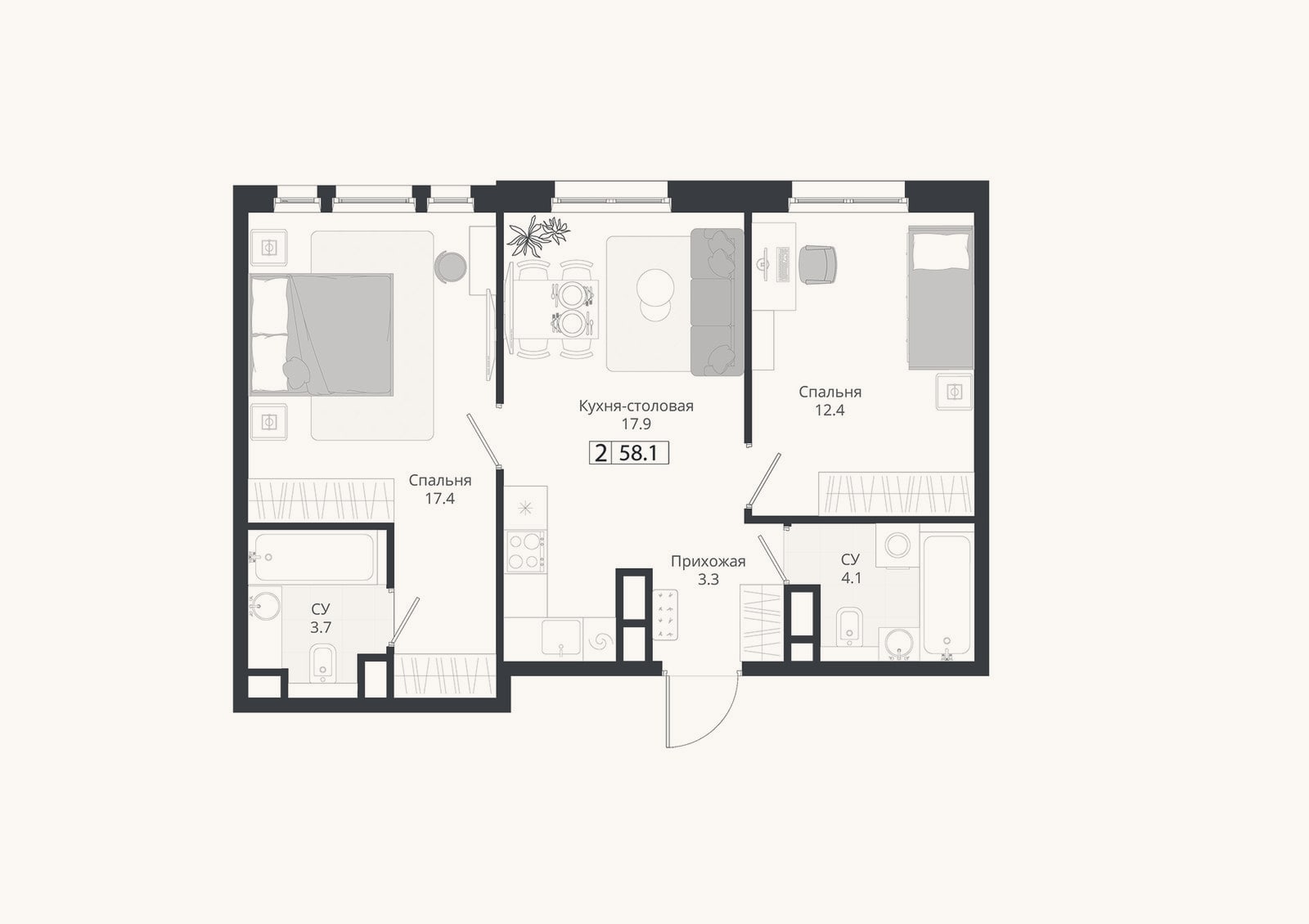 Планировка: 3-к, 58,1 м²