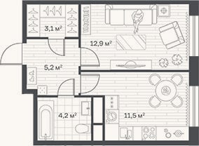 Планировка: 1-к, 36,9 м²
