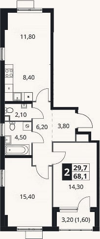 Планировка: 2-к, 66,5 м²