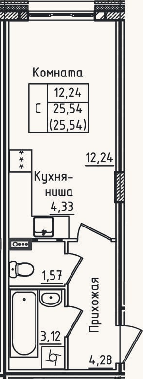 Планировка: Студия, 25,5 м²