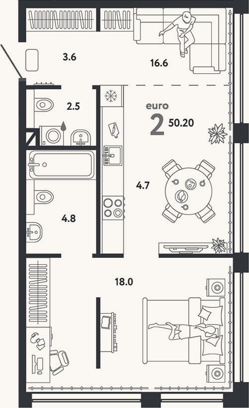 Планировка: 2-к, 50,2 м²