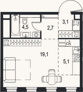 Планировка: 1-к, 34,2 м²