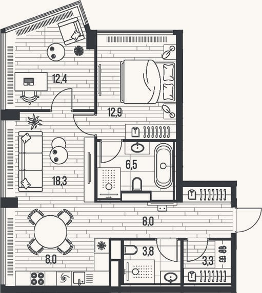 Планировка: 3-к, 73,3 м²