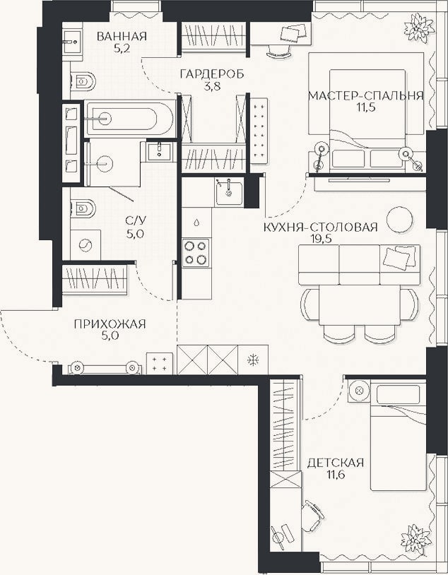 Планировка: 2-к, 61,6 м²