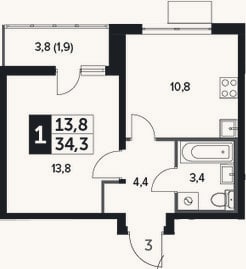Планировка: 1-к, 32,4 м²