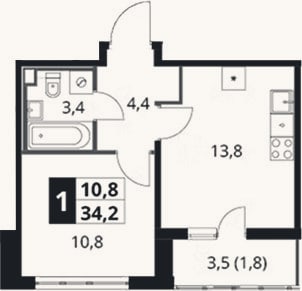 Планировка: 1-к, 32,4 м²