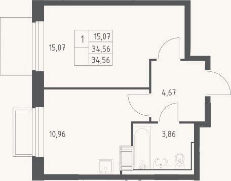 Планировка: 1-к, 34,6 м²