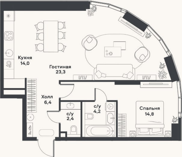 Планировка: 2-к, 65,1 м²
