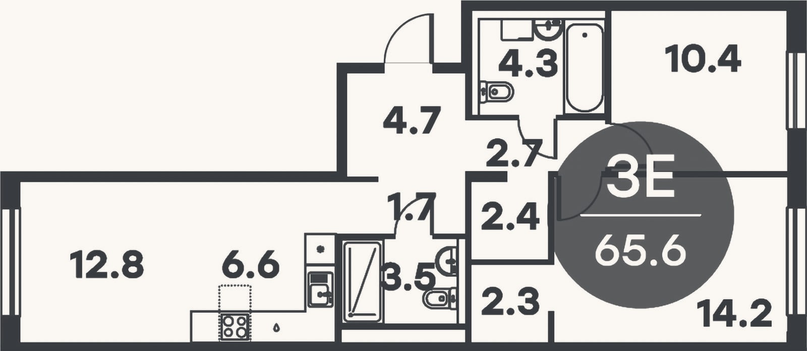 Планировка: 3-к, 65,6 м²