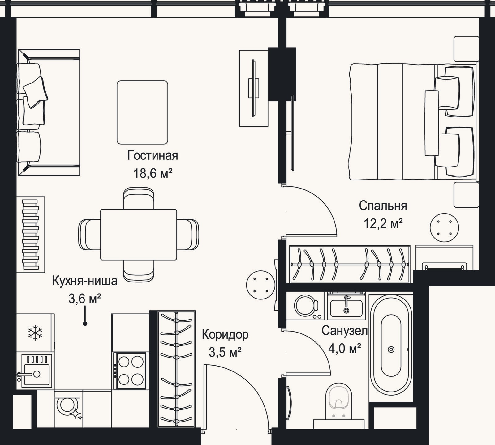 Планировка: 2-к, 41,9 м²