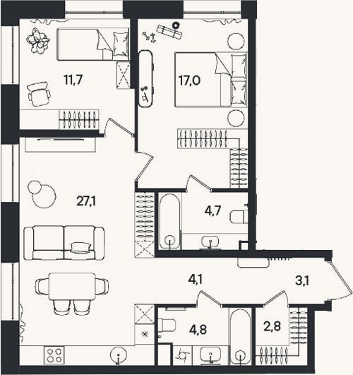 Планировка: 3-к, 75,3 м²
