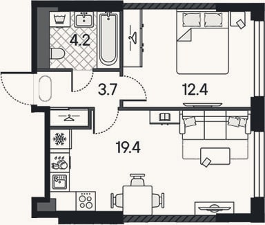 Планировка: 2-к, 39,7 м²