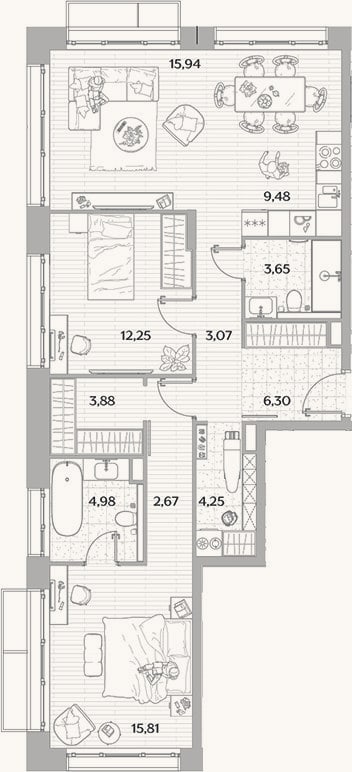 Планировка: 3-к, 86,8 м²