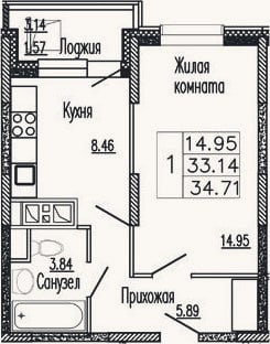 Планировка: 1-к, 34,2 м²