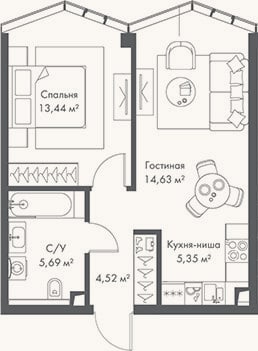Планировка: 2-к, 43,6 м²