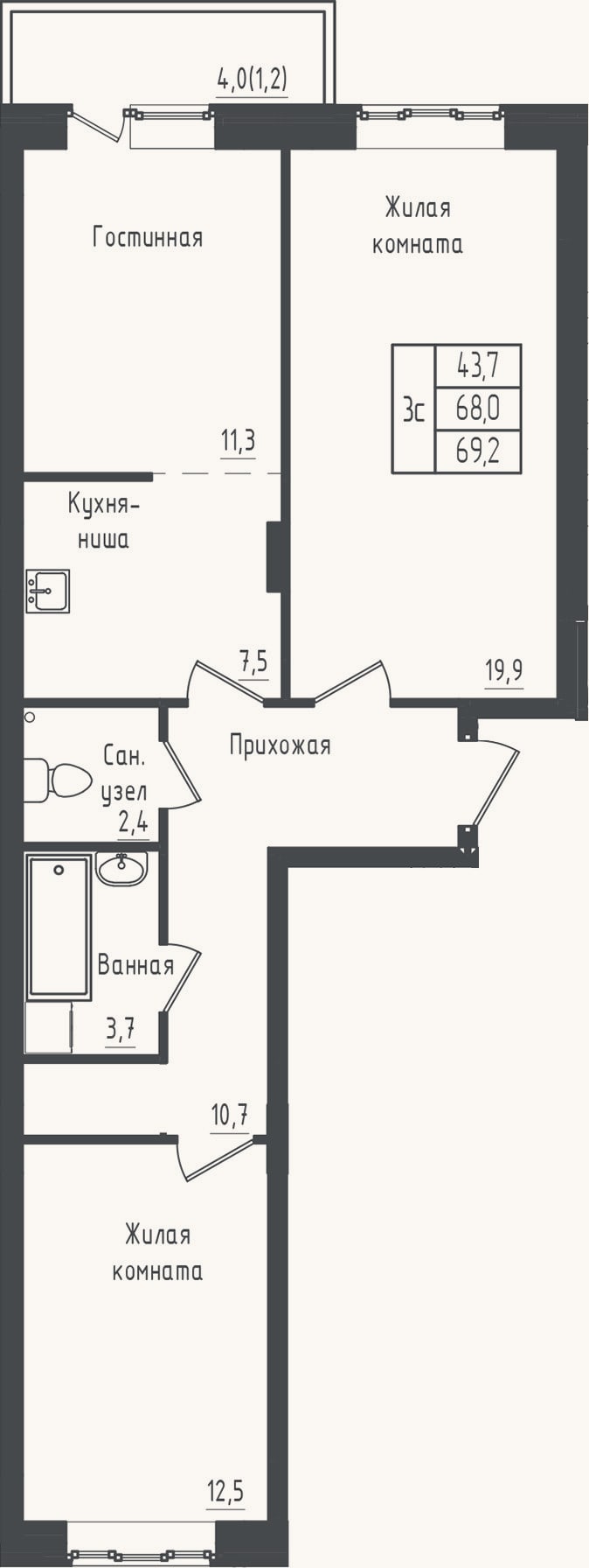 Планировка: 2-к, 68 м²