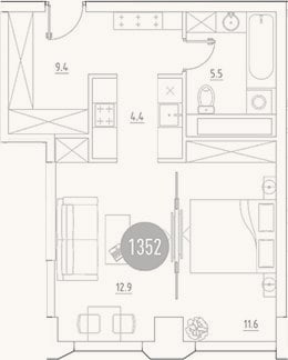Планировка: 2-к, 43,8 м²