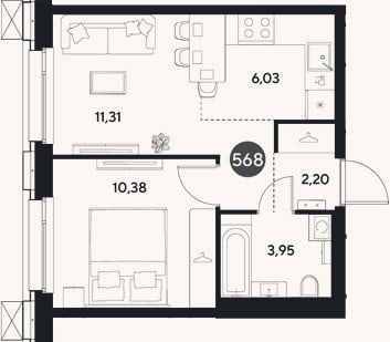 Планировка: 2-к, 33,9 м²