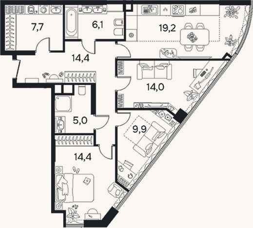 Планировка: 3-к, 90,5 м²