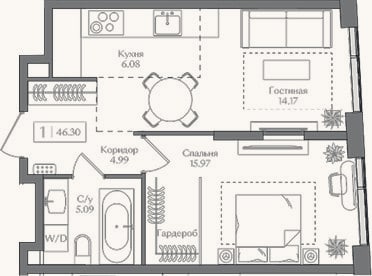 Планировка: 1-к, 46,3 м²