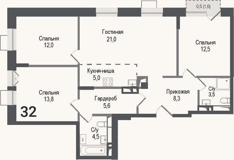 Планировка: 4+ к, 86,2 м²